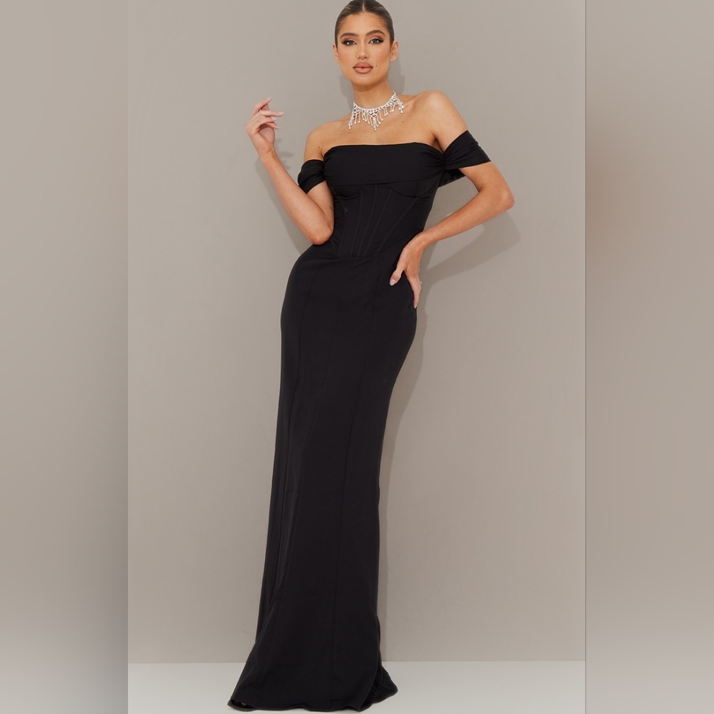 PrettyLittleThing Black Corset Bardot Maxi Dress Gown